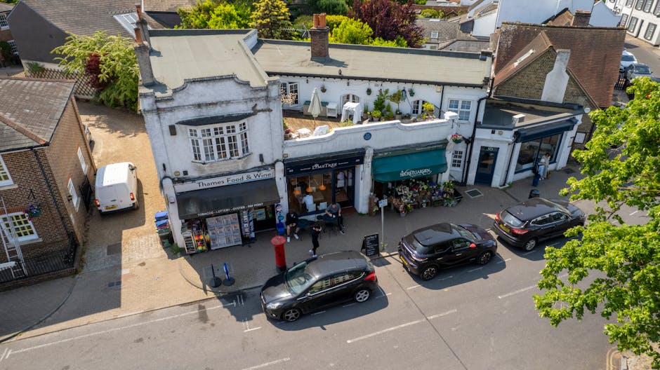 An aerial view of a small high street with a florist shop as the central focus, displaying a white exterior with a black storefront and a green awning. Outside the shop, there is a basket of vibrant, 