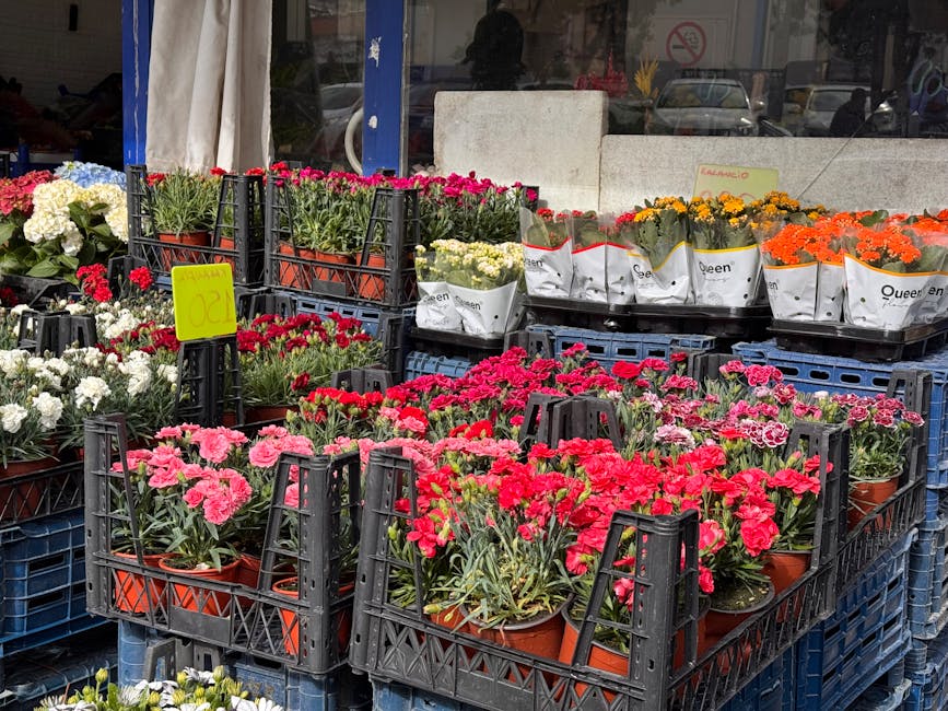 An outdoor display of various potted flowering plants arranged in black plastic crates on a sidewalk in front of a flower shop. The plants include bright pink, red, orange, and white blooms with lush 