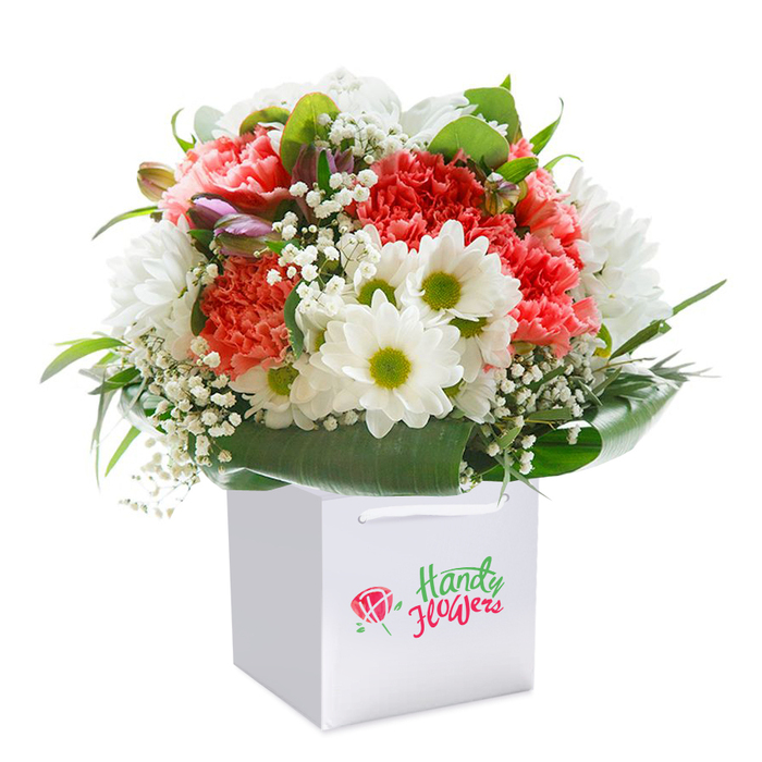 A vivid floral bouquet stands upright in a crisp white square gift bag, exuding the charm and freshness for which Bexley Florist is renowned. The arrangement centres on an abundance of coral, peach, and vivid red carnations, each petal intricately frilled and layered, imparting a plush, textured richness. White daisies with lively yellow-green centers punctuate the scene, their brightness evoking the renewed energy after a walk around Bexley's lush greenways. Interspersed among these central blooms, wisps of white baby's breath add a delicate, cloud-like softness, gently diffusing the colourful intensity. Quietly nestled on one side are unopened buds, edged in soft lavender and pink, suggesting the quiet progression of springtime within Churchfield Wood. All blooms are encircled by glossy, deep green foliage, whose broad leaves elegantly frame the overflowing bouquet and provide a refined contrast to the pastel and jewel tones above. The white bag itself bears sturdy ribbon handles, signalling ease of transport for delivery throughout Bexley's neighbourhoods, from Albany Road to Royal Park. Studio lighting gently illuminates the flowers, set against a flawless white background that maintains focus on the expertly arranged forms and vibrant shades. This arrangement embodies an atmosphere of abundance and celebration, making it a perfect expression for any occasion where heartfelt sentiment and a local touch are desired.
