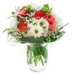 Effortlessly cheerful and elegantly simple, this bouquet is a celebration of fresh blooms and the gentle joy of everyday life in Bexley. Fluffy coral-pink carnations with ruffled petals create a lively, energetic heart; nearby, crisp white daisies with glowing green centres appear as miniature suns, sparking a sense of warmth and hope. Clusters of snowy white chrysanthemums add body and contrast, while delicate threads of baby's breath are scattered amongst the blooms, their cloud-like form softening the bouquet's shape. Closed magenta alstroemeria buds rest to one side, hinting at new colour to come. A vivid collar of deep green leaves adds richness at the base, with slender foliage threading upward to complement the florals-mirroring the balance between urban bustle and tranquil green spaces that define Bexley. Set in a clear glass vase, every sturdy stem can be traced through water, emphasizing the freshness that is a signature of Bexley Florist's daily deliveries. Against a luminous white background, each flower's tone and texture is clear and bright, evoking a sense of optimism and comfort ideal for birthdays, celebrations, or simply to share a moment of happiness with someone across Bexley.